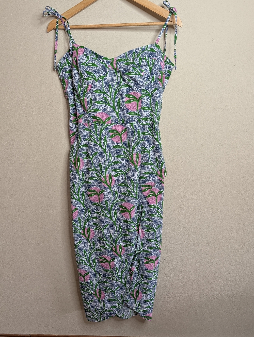 Liberty & Justice Tie Shoulder Midi Dress XL Green Pink‎ Blue Tropical Print